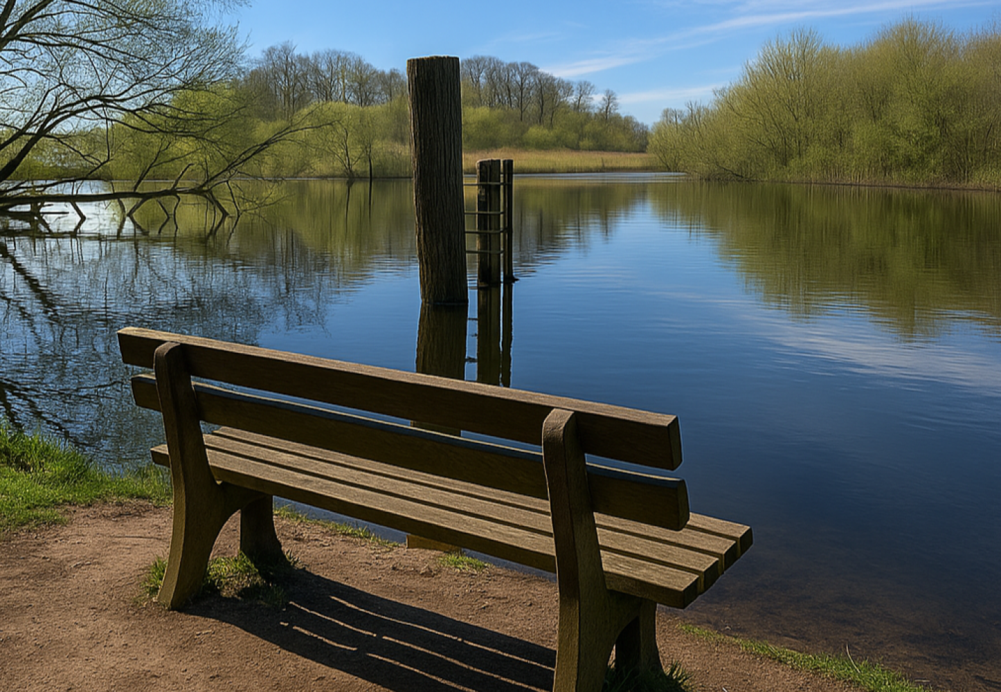 Leere Holzbank mit Blick auf einen ruhigen See und grüne Bäume – Symbol für Ruhe und Naturverbundenheit.